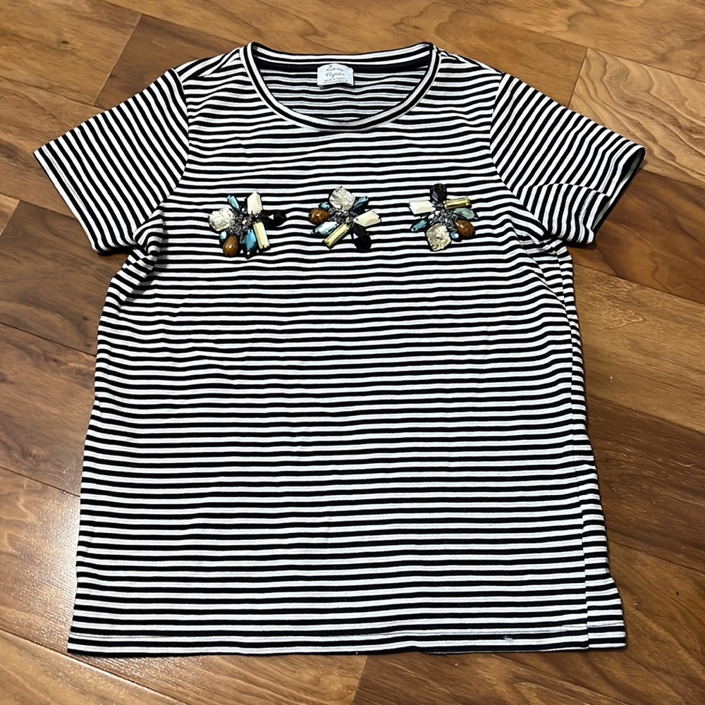 Zara Striped Navy White Beaded Top